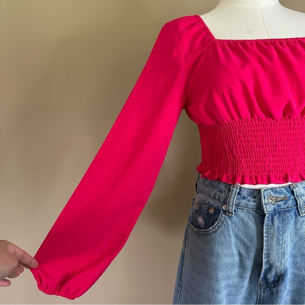 Women S Smocked Waist Long Balloon Sleeve Pink Crop Top Cottagecore Coquette - Picture 2 of 7